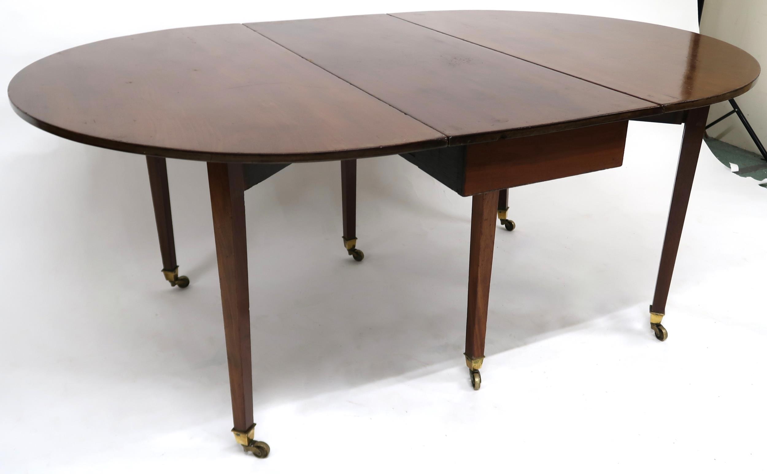 A VICTORIAN MAHOGANY DROPLEAF TABLE  with oval drop leaf top on square tapering supports terminating - Image 7 of 10