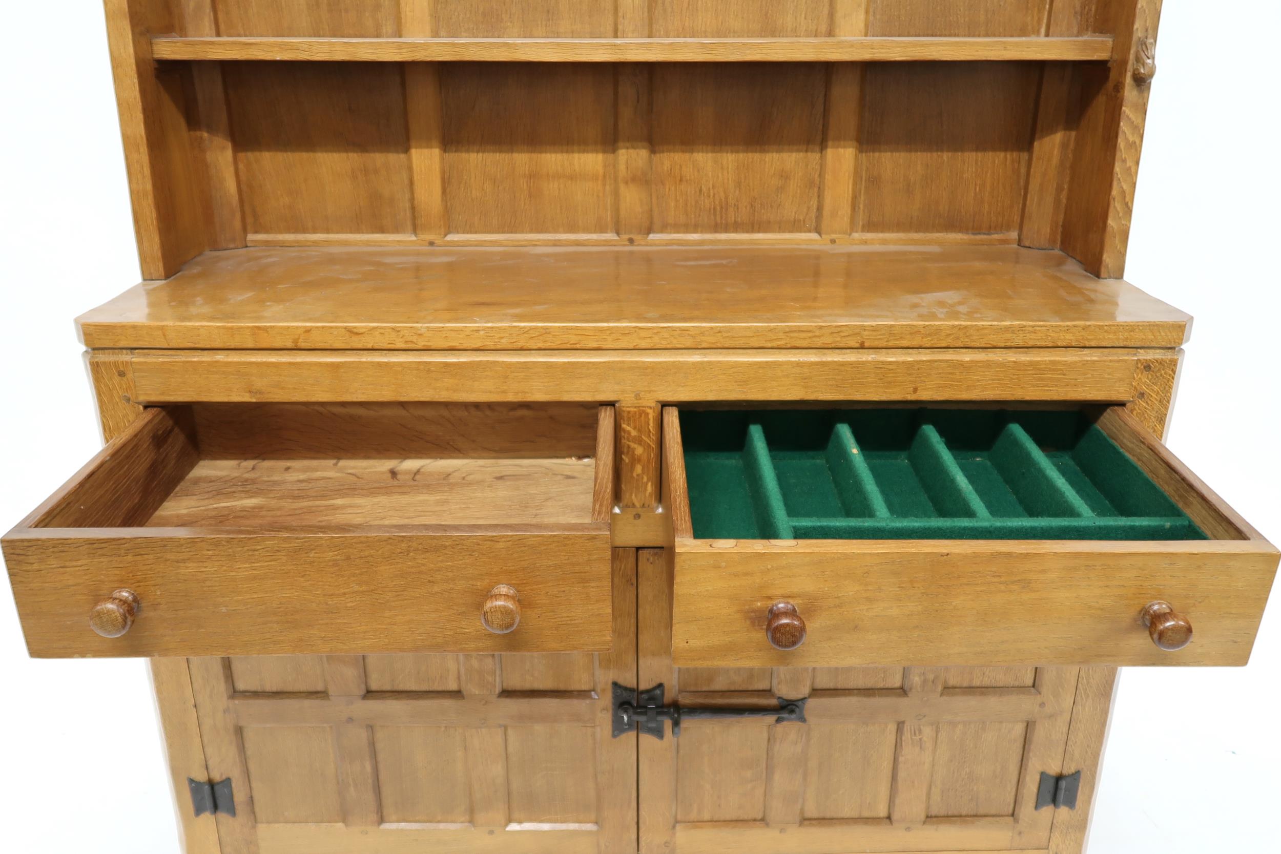 A PETER "RABBITMAN" HEAP OAK KITCHEN DRESSER with cornice carved with key design over two open plate - Image 6 of 13