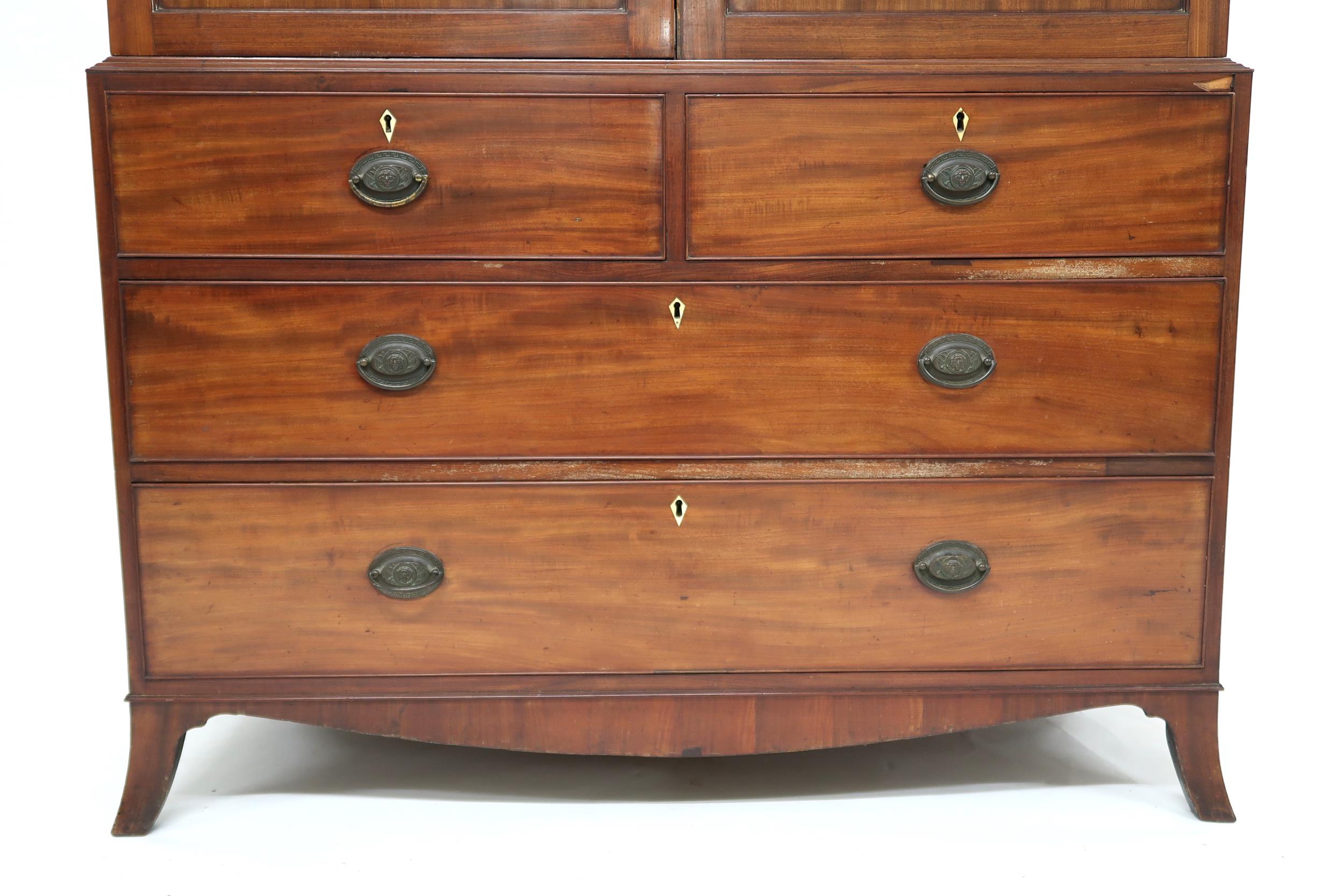 A GEORGIAN MAHOGANY LINEN PRESS  with moulded cornice over pair of satinwood inlaid panel doors - Image 3 of 10