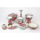 A COLLECTION OF WEMYSS CABBAGE ROSE PAINTED WARES including a lidded pot pourri bowl, 13cm high,