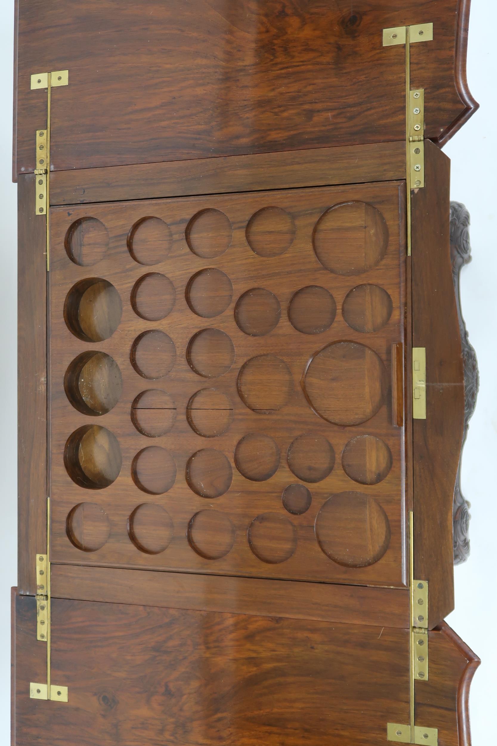 A 20TH CENTURY WALNUT METAMORPHIC DRINKS CABINET  with shaped cantilever top concealing bottle - Image 2 of 11