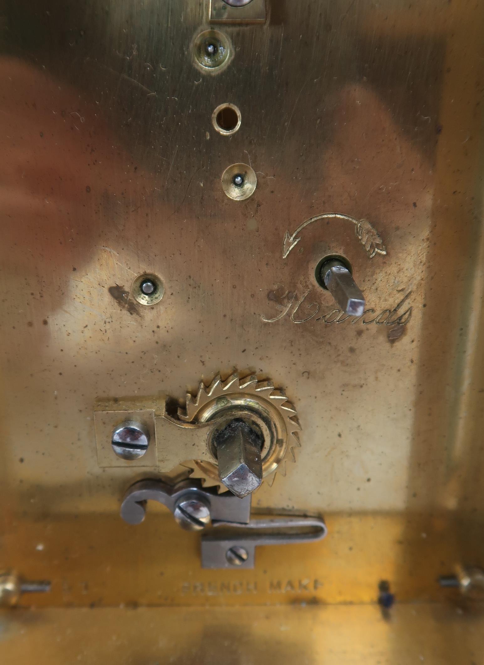 A 19TH CENTURY FRENCH BRASS AND GLASS CARRIAGE CLOCK with silvered dial, and roman numerals, - Image 3 of 4