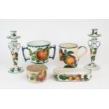 A COLLECTION OF WEMYSS APPLE PAINTED WARES including a two handled beaker, a tankard, a pair of