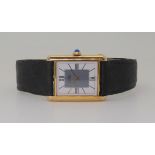 A LADIES MUST DE CARTIER TANK WATCH this model has a grey, black and white detailed dial with
