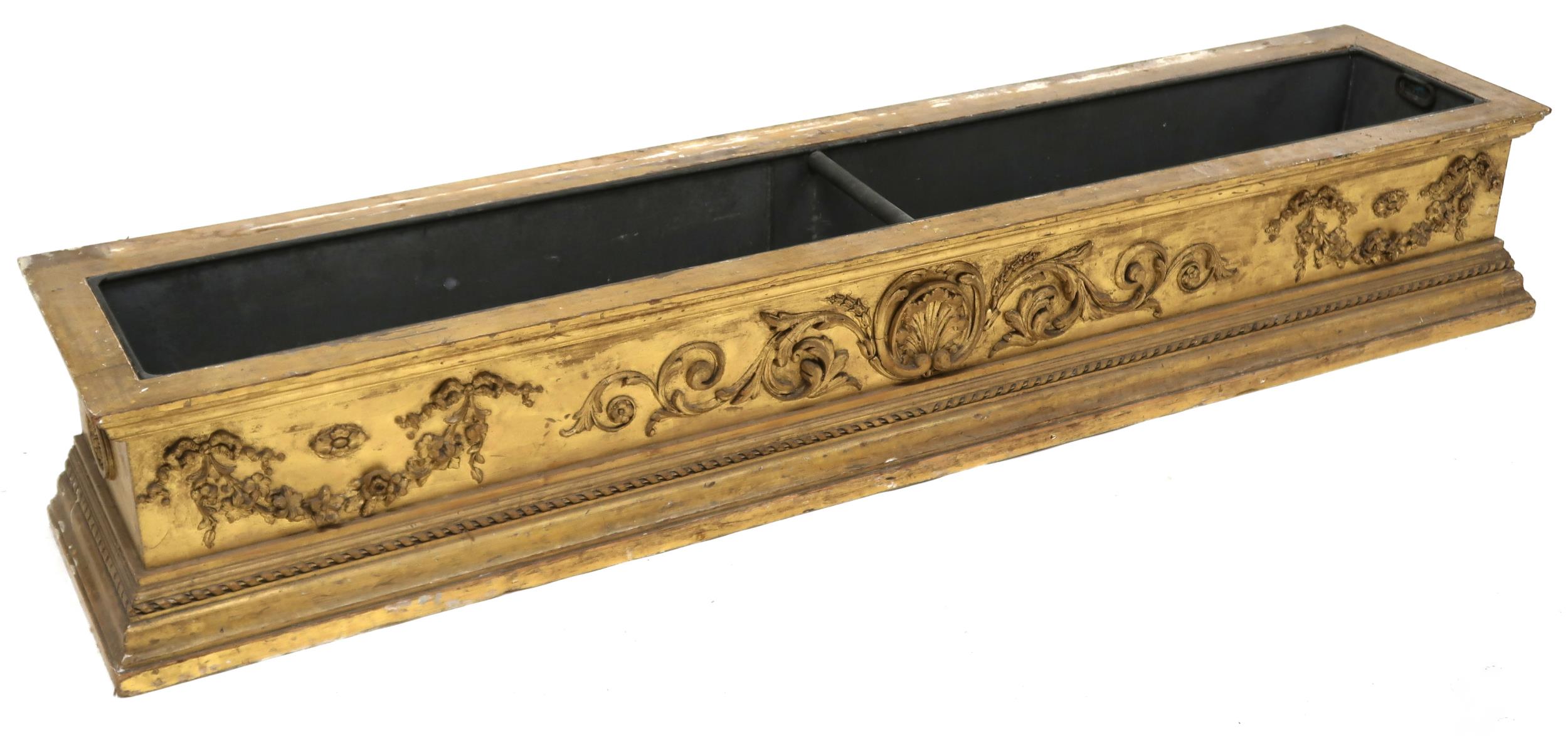A LARGE 19TH CENTURY PINE GILT GESSO PLANT TROUGH  with moulded cornice over central scrolled - Image 8 of 11