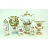 A COLLECTION OF 19TH CENTURY PORCELAIN  including a jester scent bottle, a two handled urn painted