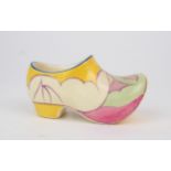 A CLARICE CLIFF FANTASQUE BIZARRE CLOG in Gibraltar pattern, 12cm long, printed marks to base