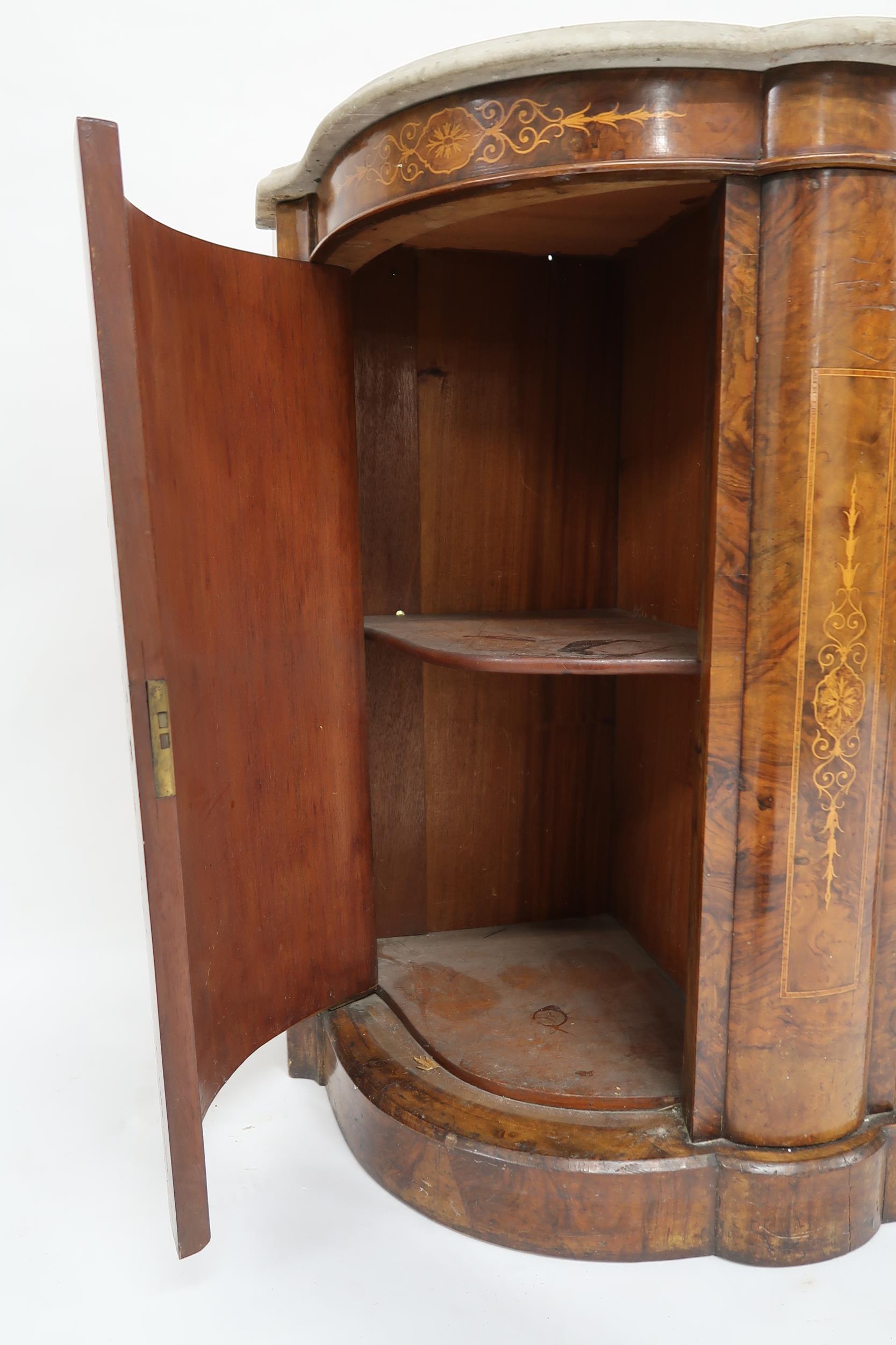 A VICTORIAN BURR WALNUT AND SATINWOOD INLAID CREDENZA  with shaped marble top over central - Image 3 of 13