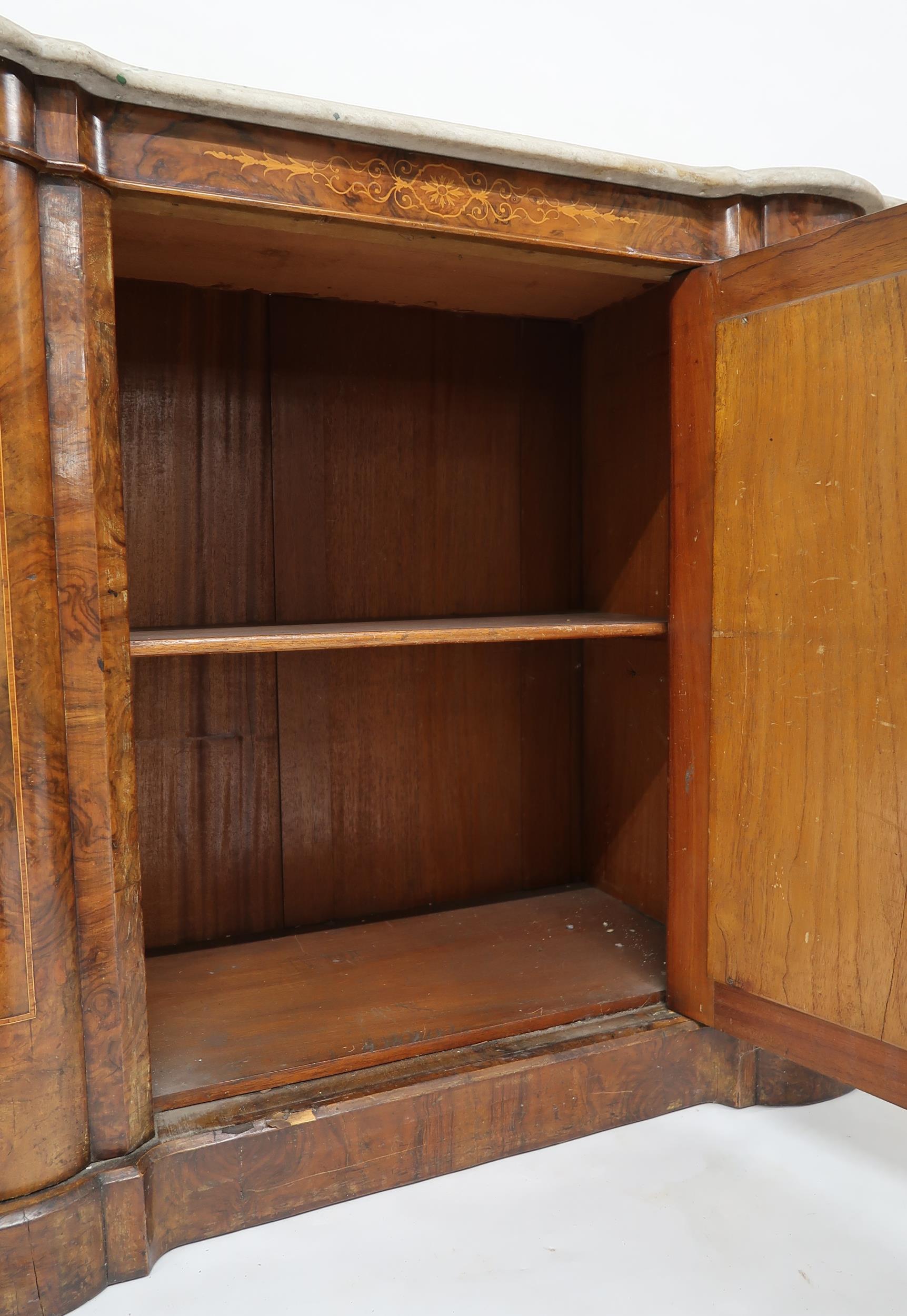 A VICTORIAN BURR WALNUT AND SATINWOOD INLAID CREDENZA  with shaped marble top over central - Image 6 of 13