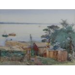 ROBERT EADIE RSW (SCOTTISH 1877-1954) COTTAGE AND HARBOUR watercolour, signed lower left, 27.5 x