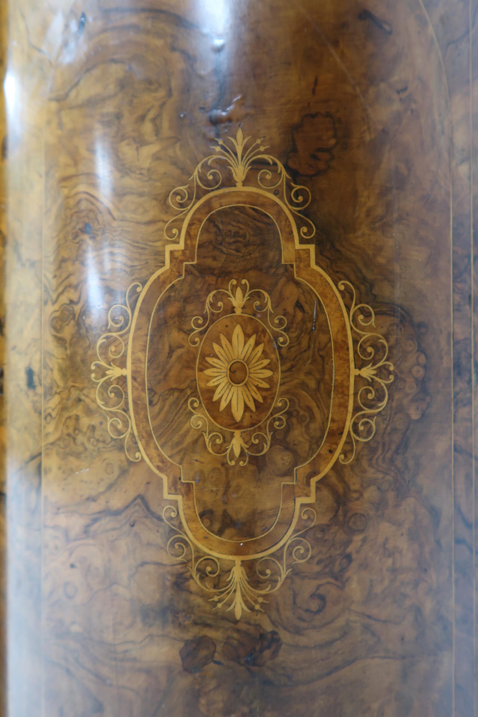 A VICTORIAN BURR WALNUT AND SATINWOOD INLAID CREDENZA  with shaped marble top over central - Image 9 of 13