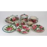 A COLLECTION OF WEMYSS CABBAGE ROSE PAINTED CERAMICS including a biscuit barrel, 12cm high, a cup