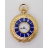 AN 18CT HALF HUNTER FOB WATCH with a blue enamel chapter ring with white Roman numerals, all over