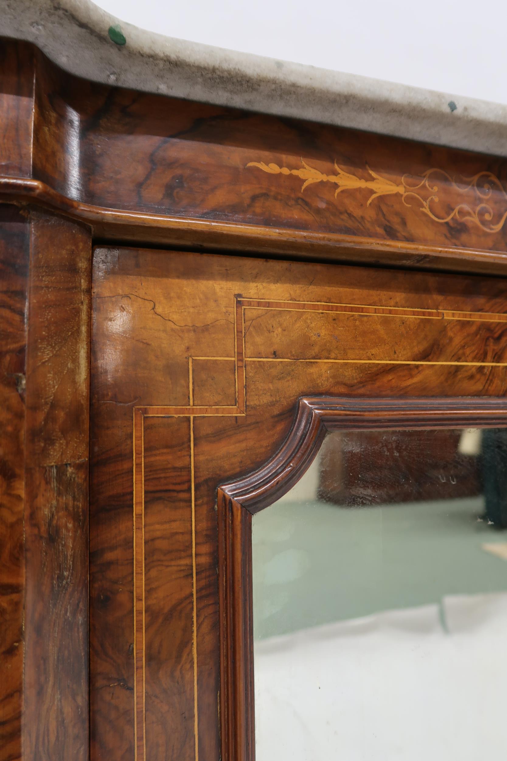 A VICTORIAN BURR WALNUT AND SATINWOOD INLAID CREDENZA  with shaped marble top over central - Image 4 of 13