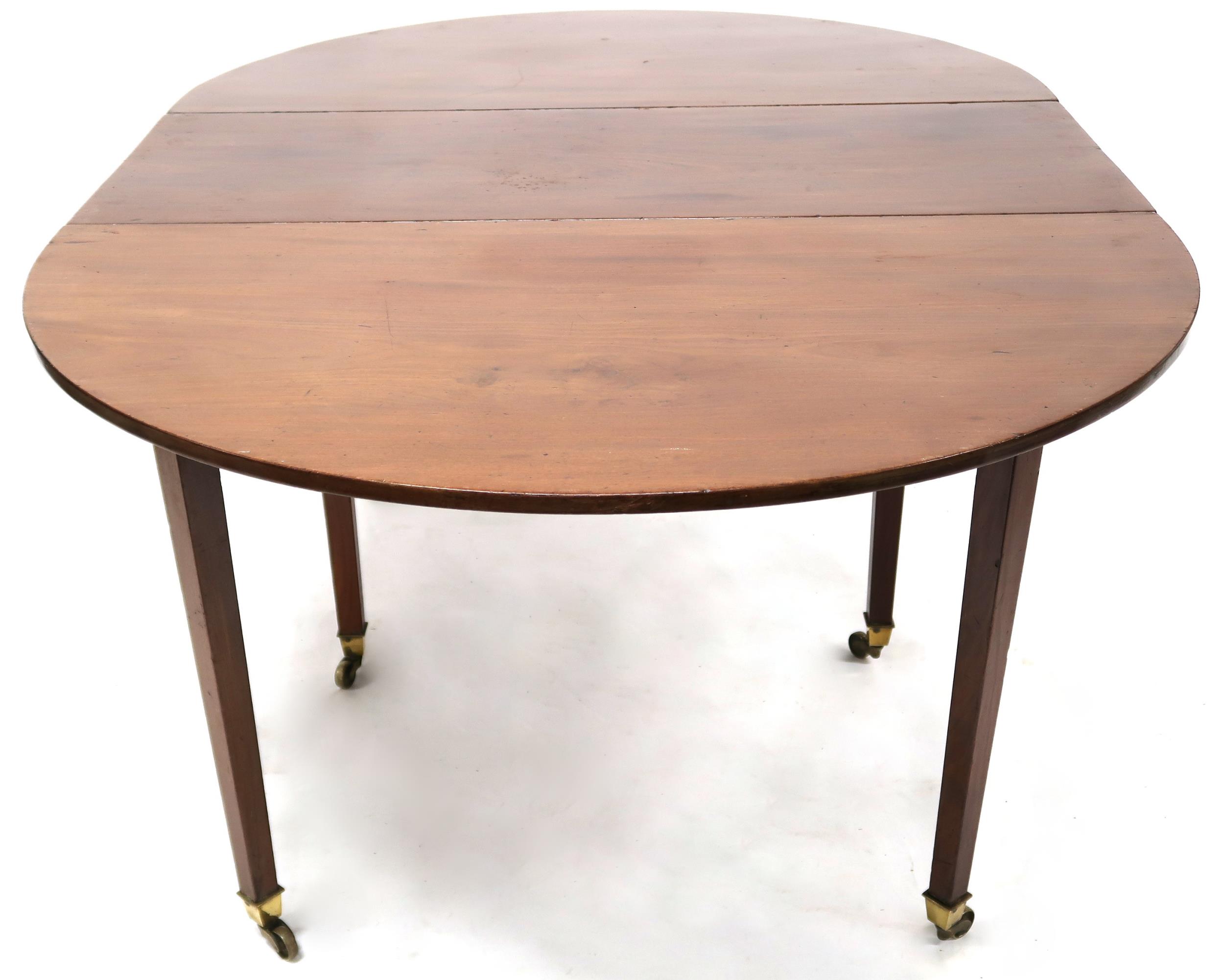 A VICTORIAN MAHOGANY DROPLEAF TABLE  with oval drop leaf top on square tapering supports terminating - Image 8 of 10