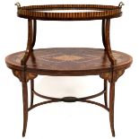 A 19TH CENTURY MAHOGANY AND MARQUETRY INLAID TWO TIER ETAGERE  with glass and mahogany twin