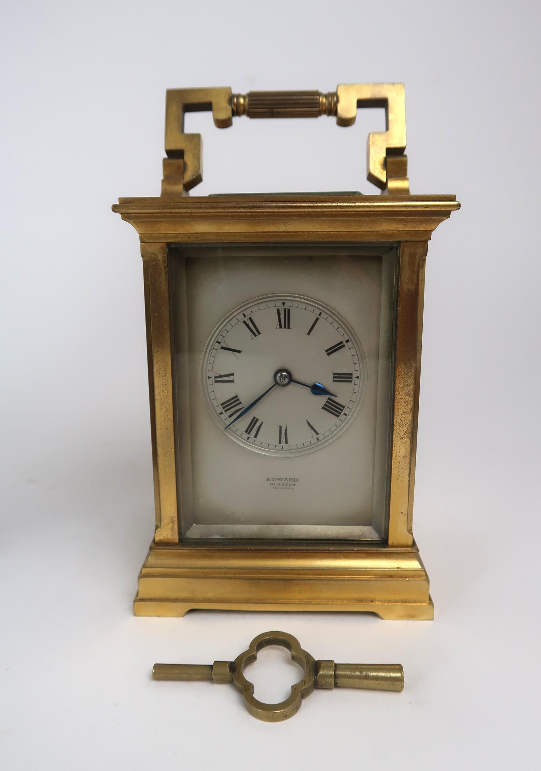 A 19TH CENTURY FRENCH BRASS AND GLASS CARRIAGE CLOCK with silvered dial, and roman numerals, - Image 2 of 4