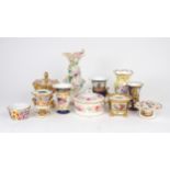 A COLLECTION OF DERBY including a pink and gilt painted pot pourri pot and cover a rose painted