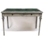 A LOUIS XVI STYLE PAINTED BUREAU PLAT  with green baize skiver over two long drawers on tapering