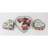 A WEMYSS HEART-SHAPED TRAY painted with cabbage roses, 29.5cm long, together with two heart shaped