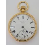 AN 18CT GOLD OPEN FACE POCKET WATCH The white enamel dial and mechanism are both signed Bryer &