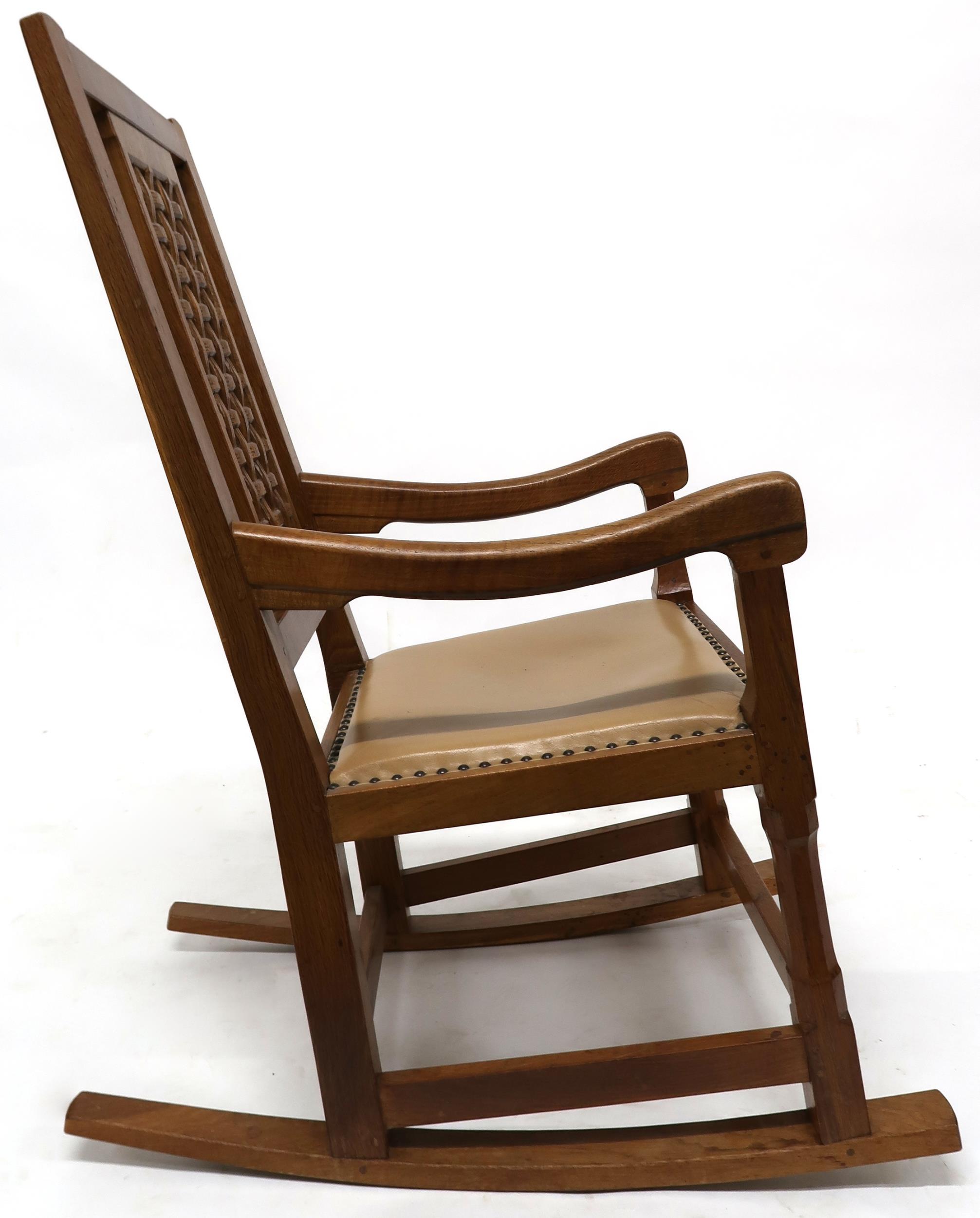 A PETER "RABBITMAN" HEAP OAK LATTICE BACK ROCKING CHAIR with carved lattice splat over beige leather - Image 5 of 11