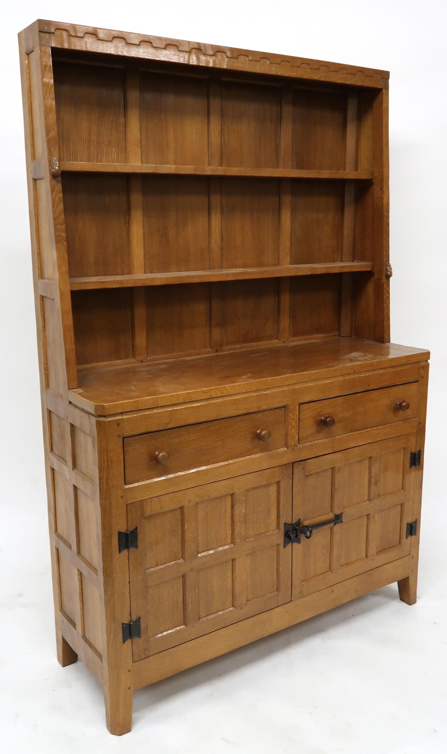 A PETER "RABBITMAN" HEAP OAK KITCHEN DRESSER with cornice carved with key design over two open plate - Image 11 of 13