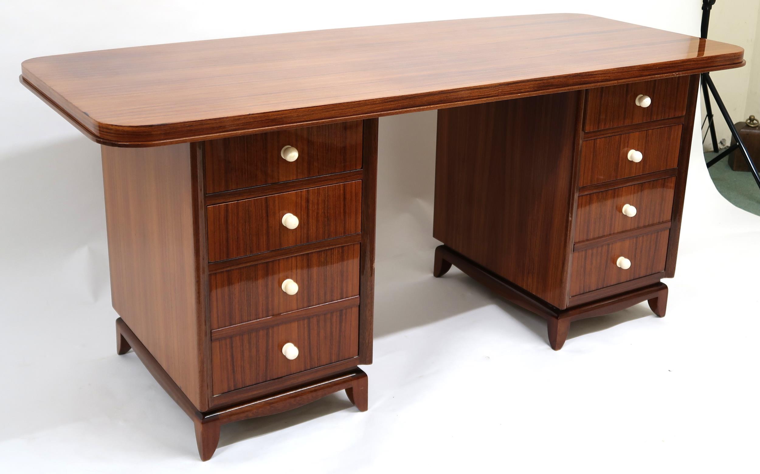 A LATE 20TH CENTURY ART DECO STYLE TWIN PEDESTAL DESK with shaped top on pair of four - Image 8 of 14