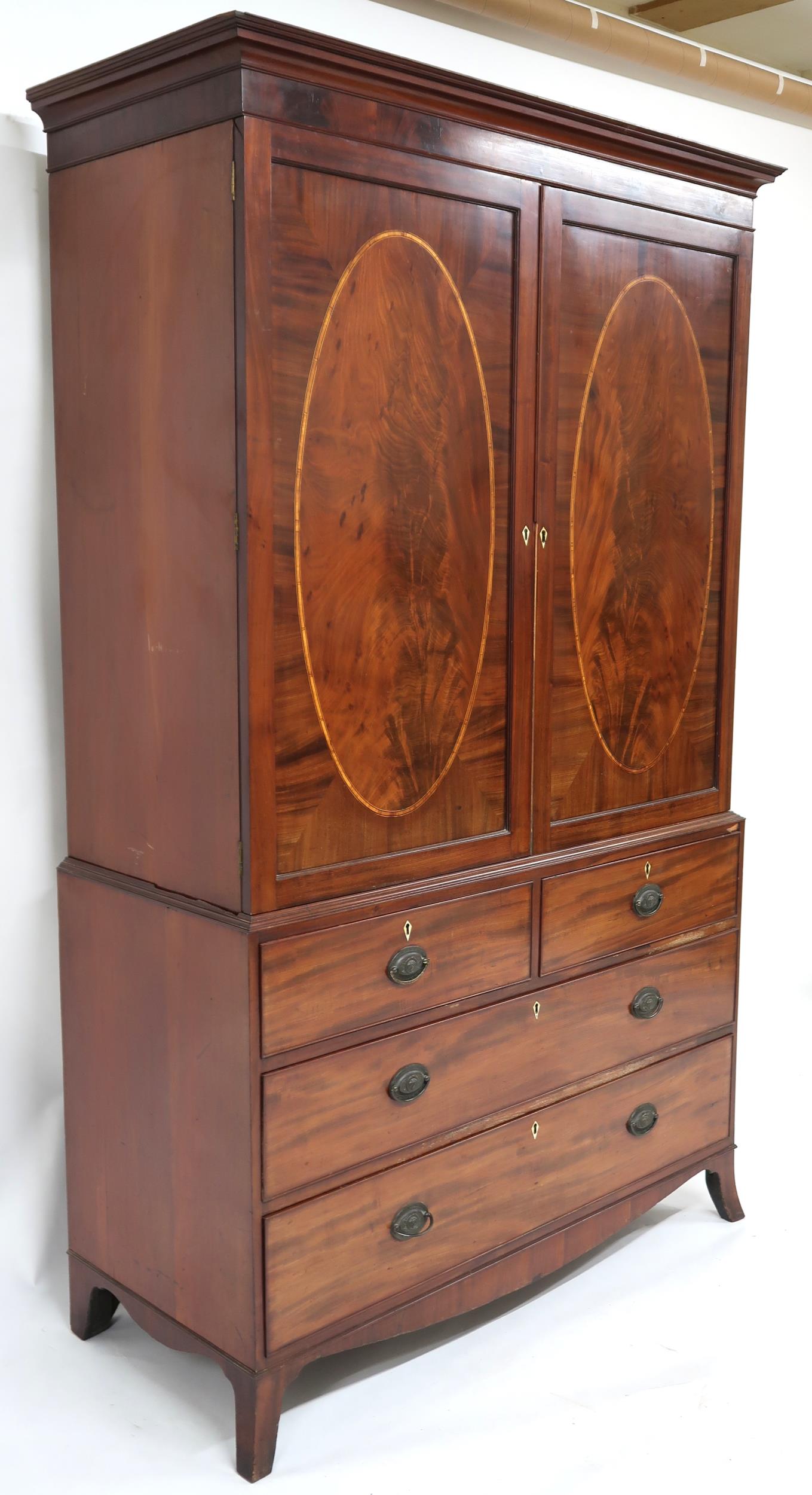 A GEORGIAN MAHOGANY LINEN PRESS  with moulded cornice over pair of satinwood inlaid panel doors - Image 2 of 10