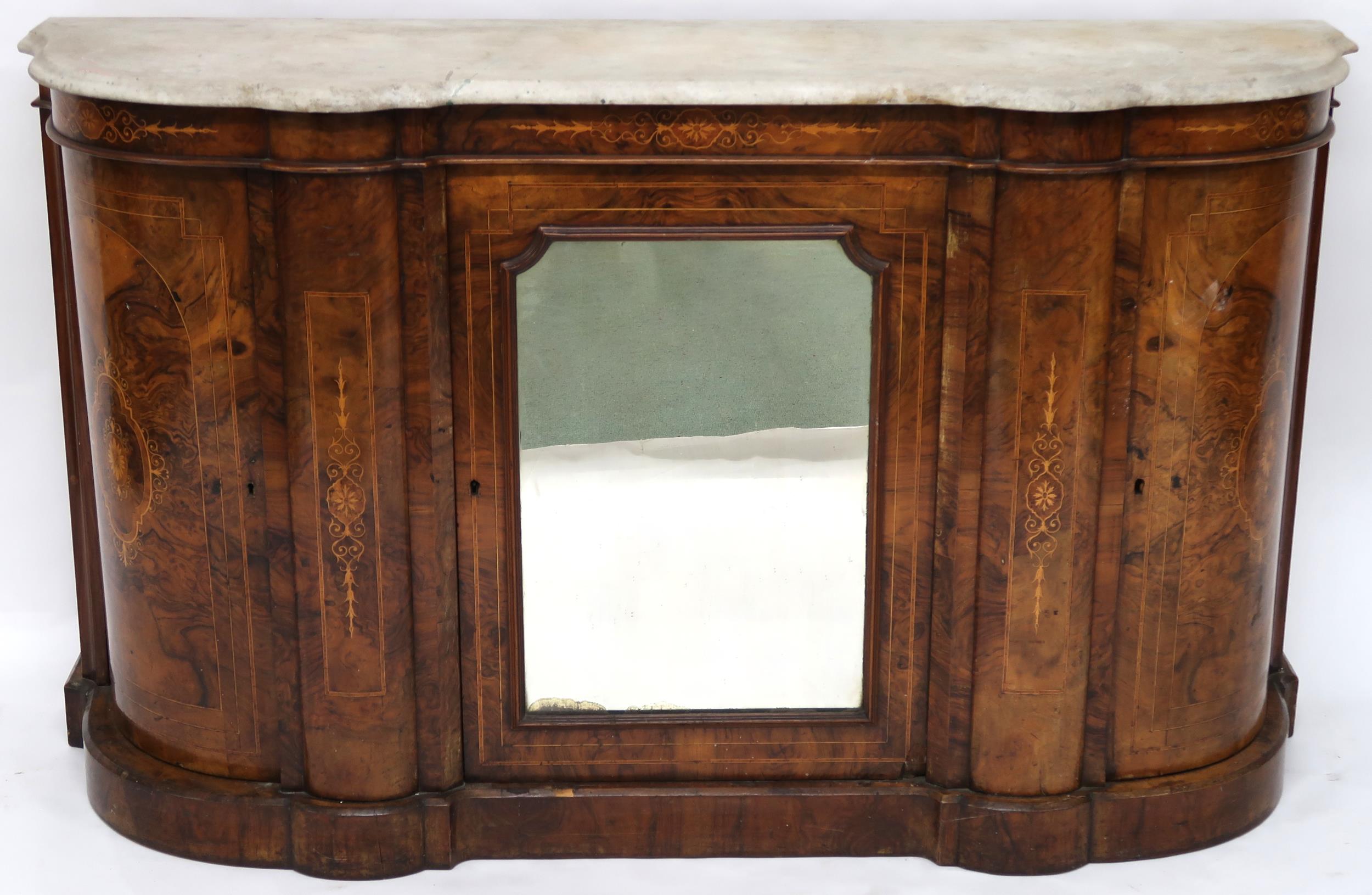 A VICTORIAN BURR WALNUT AND SATINWOOD INLAID CREDENZA  with shaped marble top over central