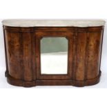 A VICTORIAN BURR WALNUT AND SATINWOOD INLAID CREDENZA  with shaped marble top over central