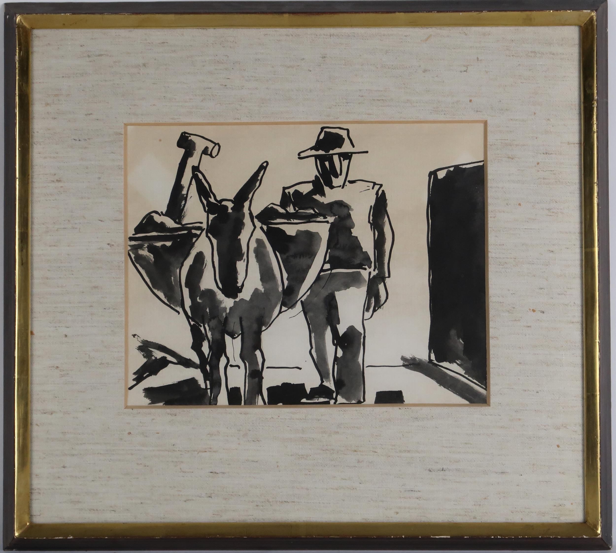 JOSEF HERMAN OBE RA (BRITISH 1911-2000) RURAL LABOURER WITH DONKEY Ink and wash, 19 x 24cm (7.5 x - Image 2 of 5