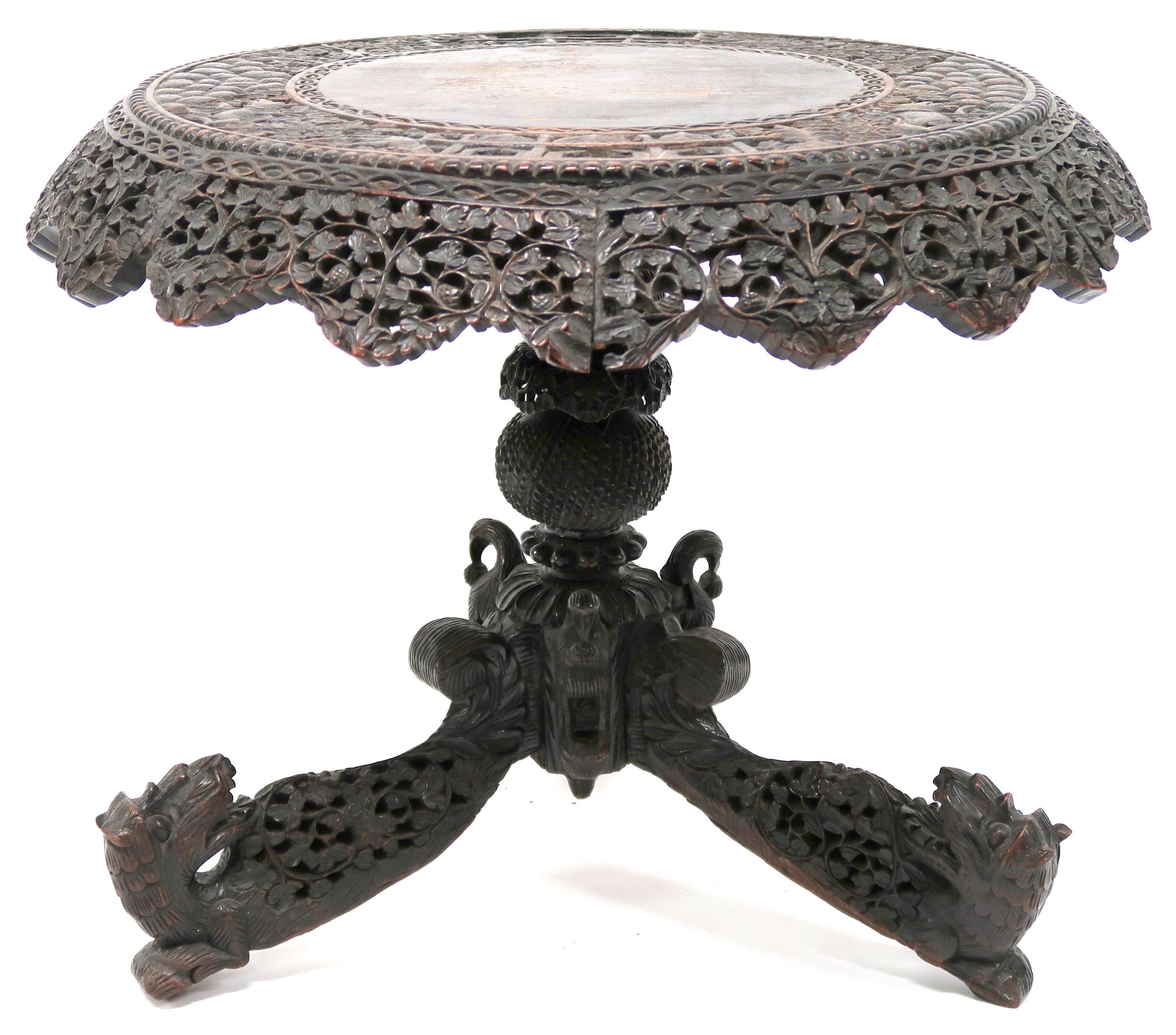 AN ANGLO-INDIAN TILT TOP CIRCULAR TABLE with extensively pierced carved foliate table apron over - Image 2 of 9