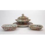 A CANTONESE FAMILLE ROSE SOUP TUREEN  cover, oval ashet and two vegetable bases, painted with