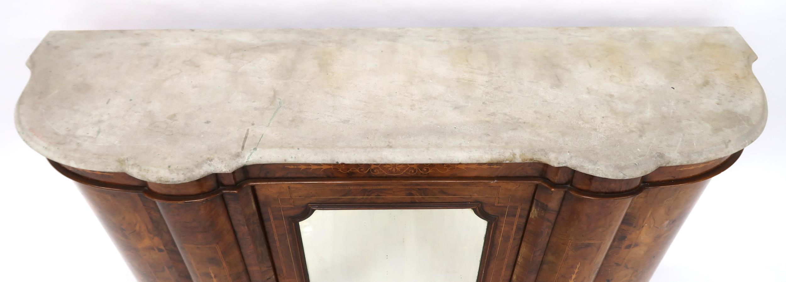 A VICTORIAN BURR WALNUT AND SATINWOOD INLAID CREDENZA  with shaped marble top over central - Image 10 of 13