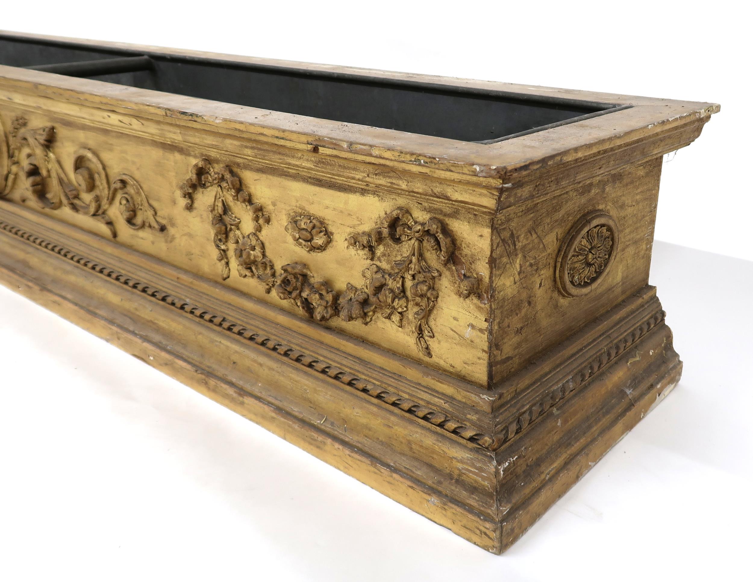 A LARGE 19TH CENTURY PINE GILT GESSO PLANT TROUGH  with moulded cornice over central scrolled - Image 5 of 11