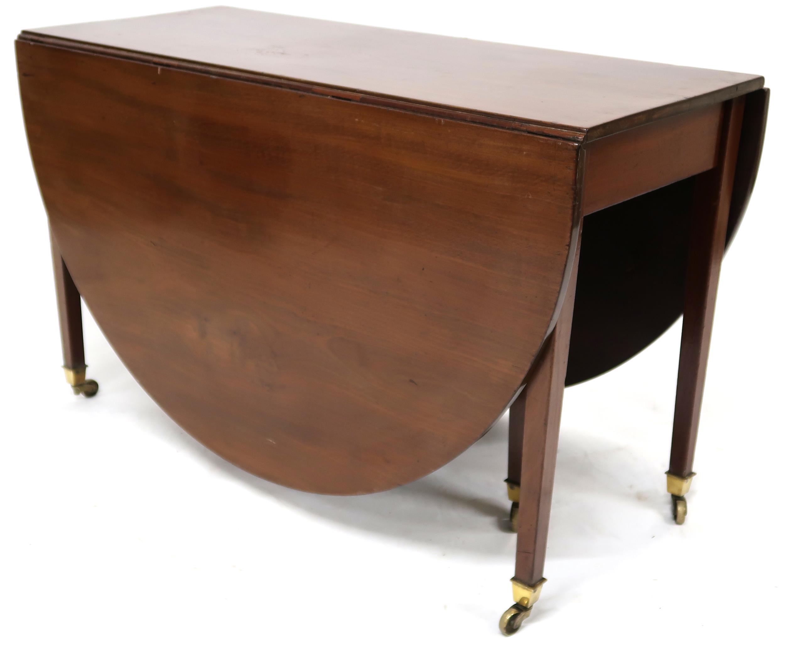 A VICTORIAN MAHOGANY DROPLEAF TABLE  with oval drop leaf top on square tapering supports terminating - Image 10 of 10