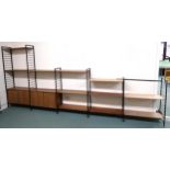 A MID-20TH CENTURY STAPLES LADDERAX MODULAR SHELVING SYSTEM comprising two sliding door cabinets,