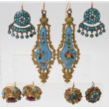 FOUR TURQUOISE COLOURED JEWELS a pair of yellow and white metal turquoise and split pearl