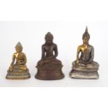 A BURMESE BRASS BUDDHA  seated on a double lotus throne and holding sacred vessel, 15cm high, two