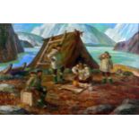 ADAM SHERRIFF SCOTT (SCOTTISH/CANADIAN 1887-1980) INUIT CAMP Oil on canvas, signed lower right, 60 x