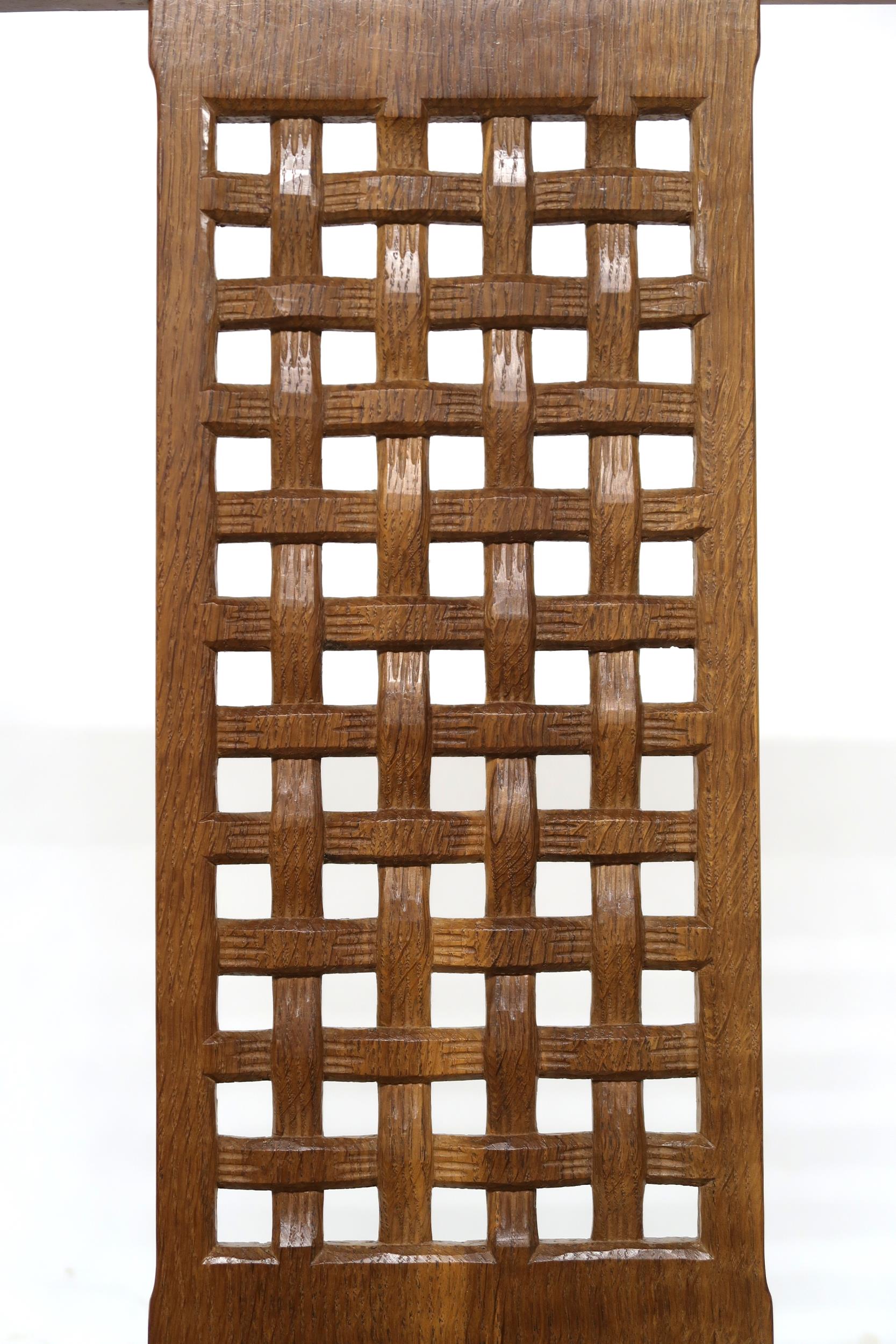 A PETER "RABBITMAN" HEAP OAK LATTICE BACK ROCKING CHAIR with carved lattice splat over beige leather - Image 2 of 11