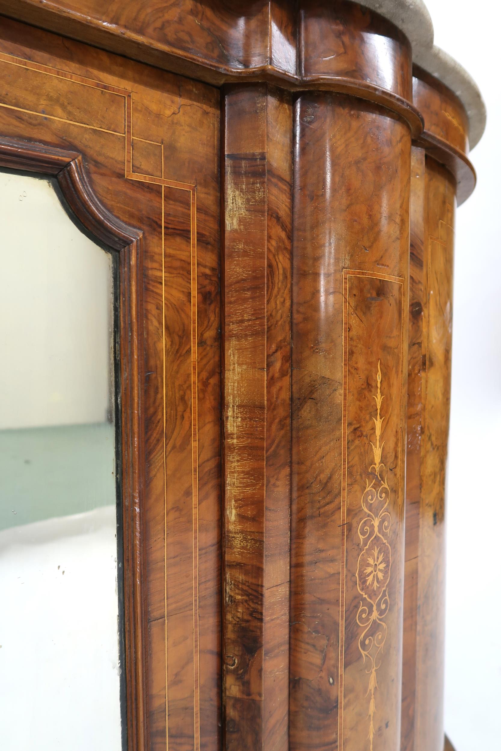 A VICTORIAN BURR WALNUT AND SATINWOOD INLAID CREDENZA  with shaped marble top over central - Image 13 of 13