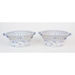 A PAIR OF ROYAL COPENHAGEN RETICULATED PORCELAIN TWIN-HANDLED CIRCULAR BASKETS in blue onion