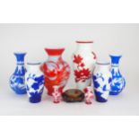 A COLLECTION OF MODERN PEKING GLASS including a pair of cobalt blue overlay examples, carved with