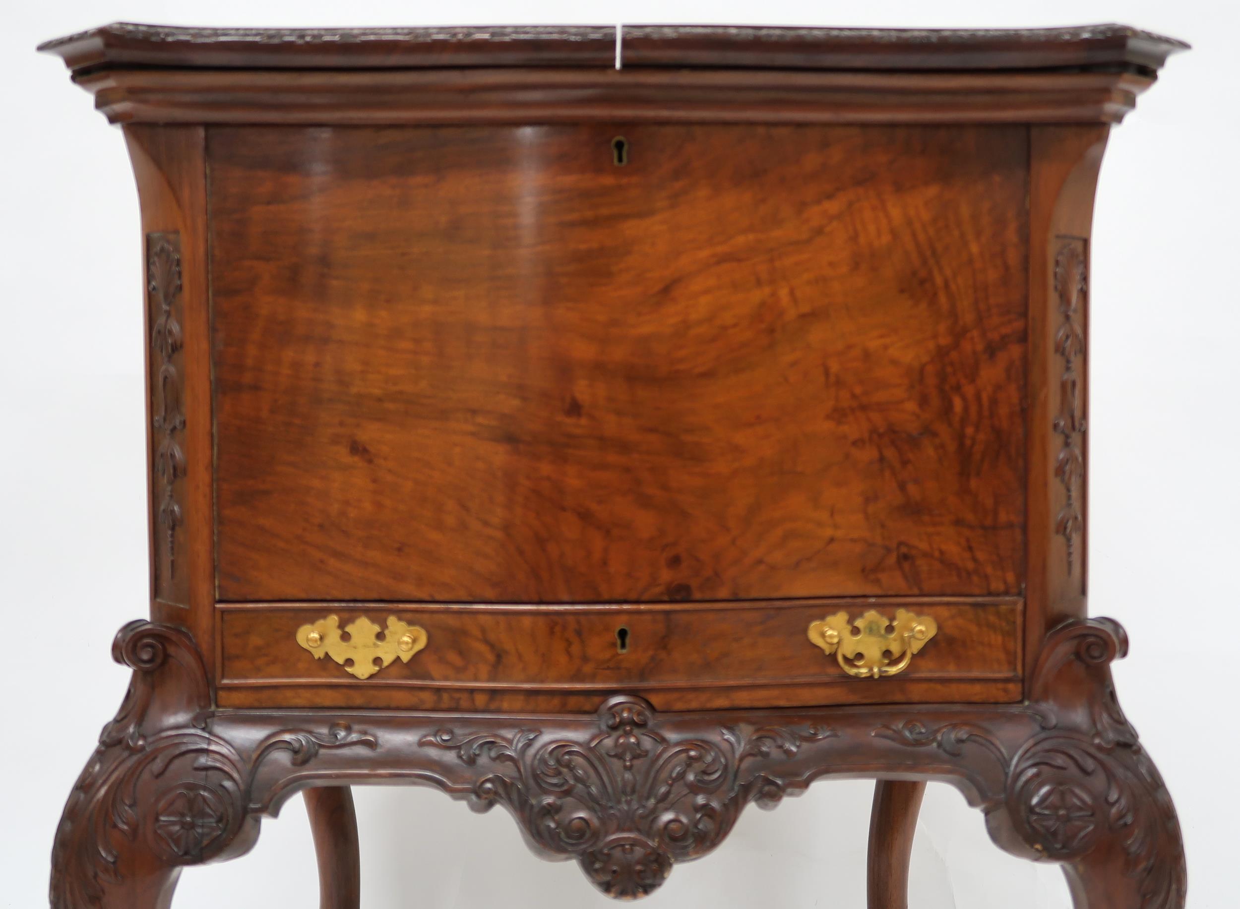 A 20TH CENTURY WALNUT METAMORPHIC DRINKS CABINET  with shaped cantilever top concealing bottle - Image 8 of 11