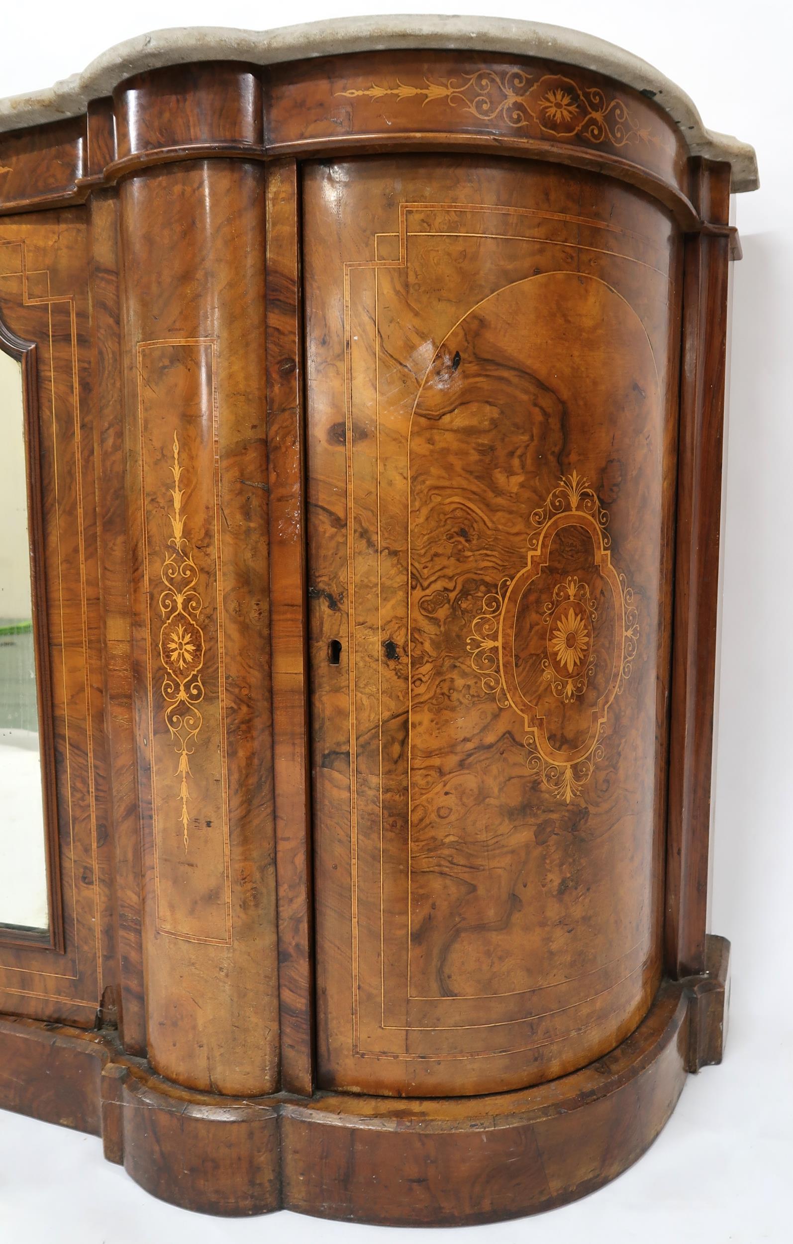 A VICTORIAN BURR WALNUT AND SATINWOOD INLAID CREDENZA  with shaped marble top over central - Image 8 of 13