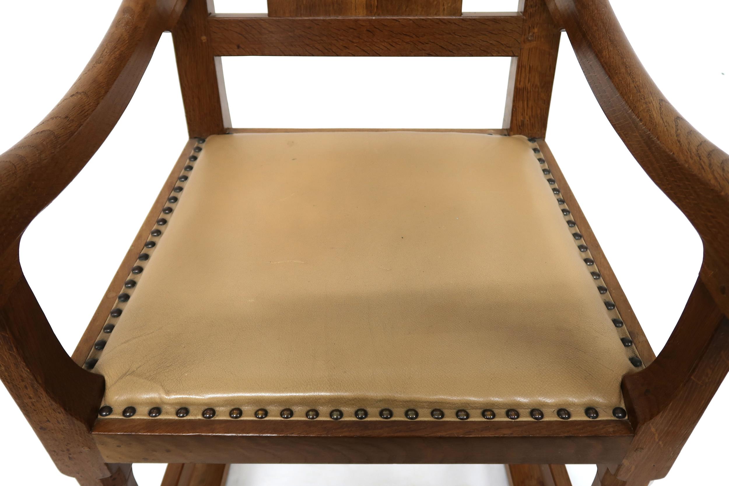 A PETER "RABBITMAN" HEAP OAK LATTICE BACK ROCKING CHAIR with carved lattice splat over beige leather - Image 10 of 11