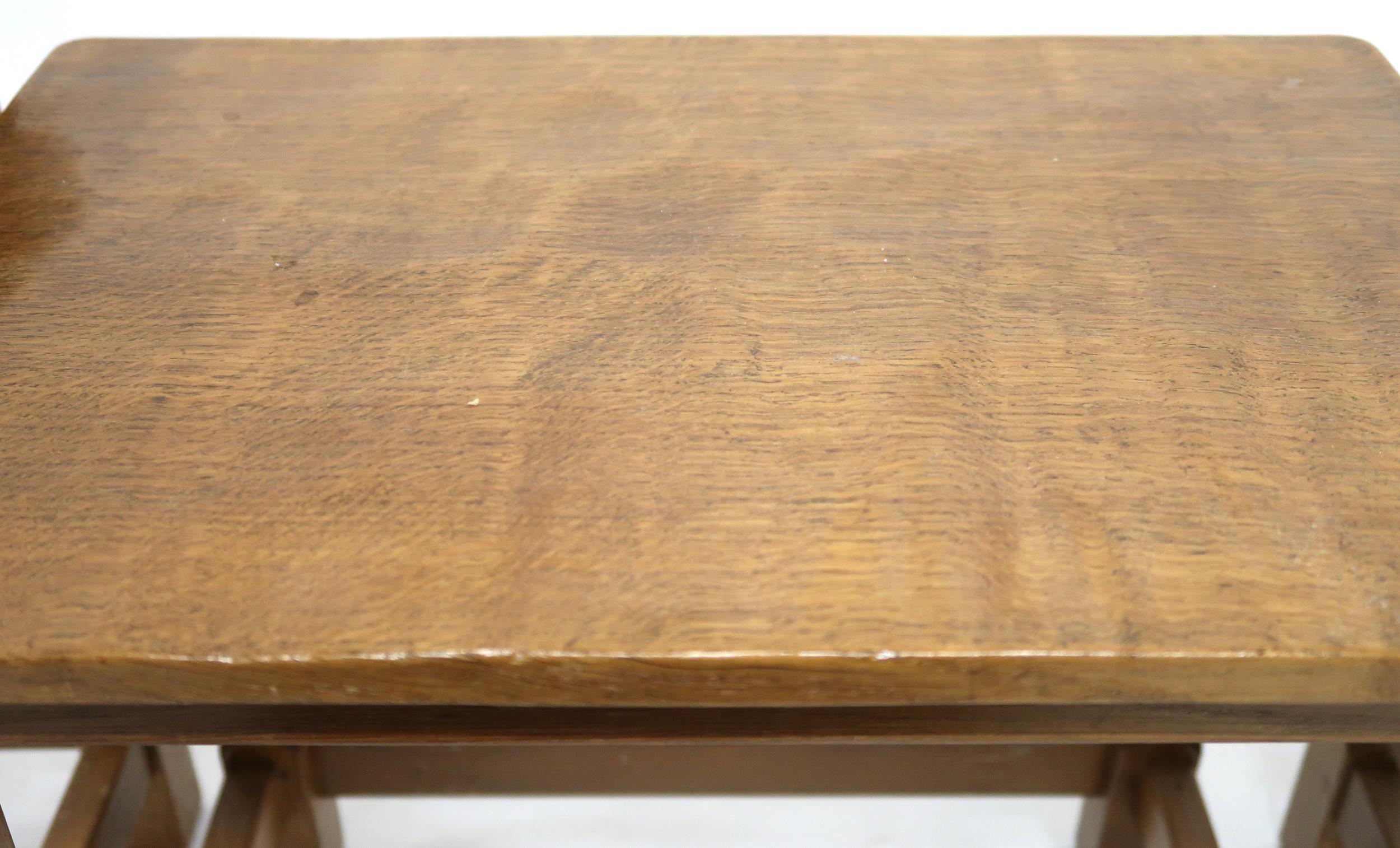 A PETER "RABBITMAN" HEAP OAK NEST OF THREE TABLES  with adzed rectangular tops on stretchered - Image 6 of 8