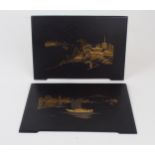 A PAIR OF JAPANESE KOMAI IRON TABLE PLAQUES  Decorated with villages on islands and sampans, signed,